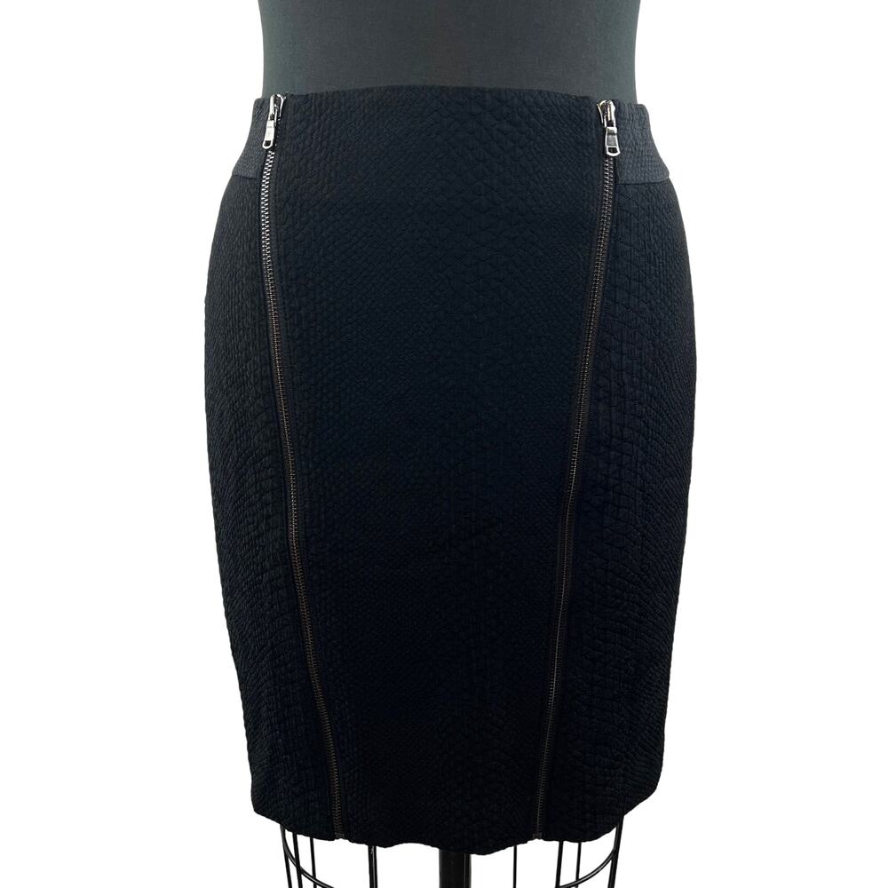 Y2K Preppy Ann Taylor Black Double Zip Textured Print Pencil Mini Skirt Size 2